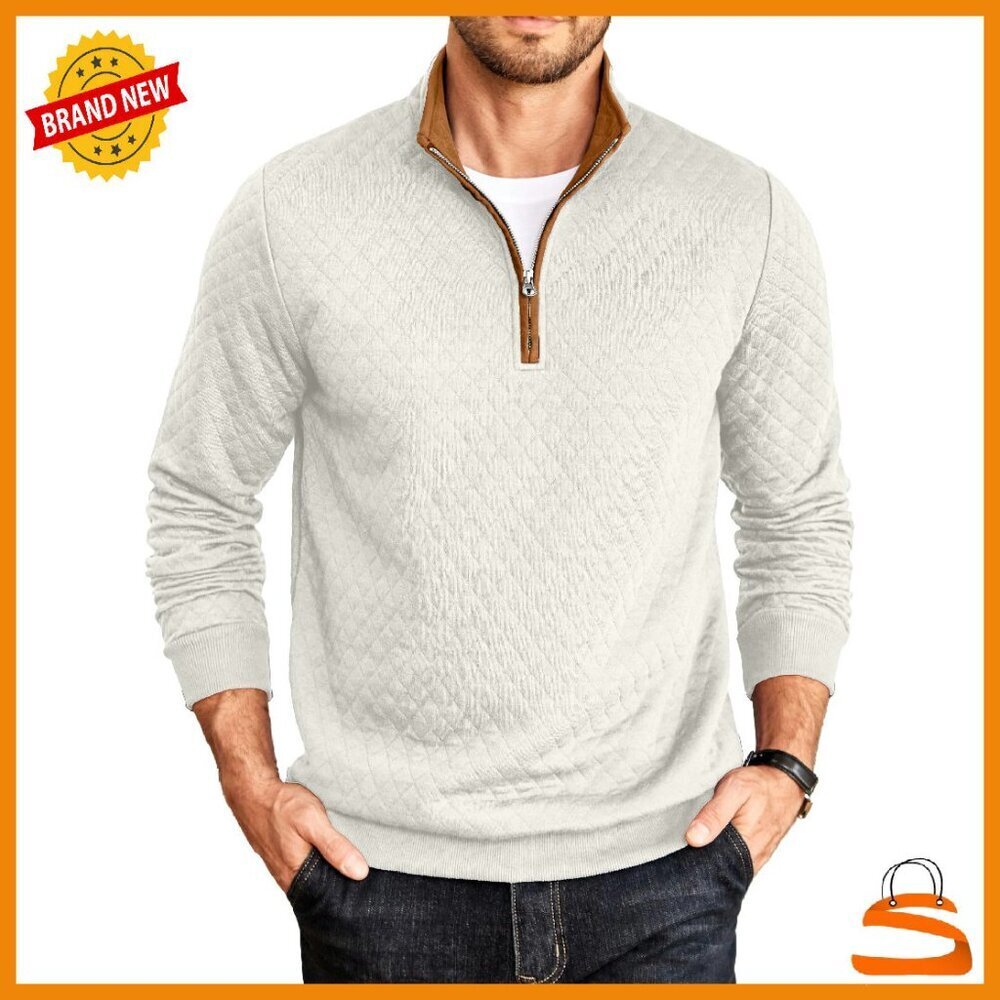 Men's Quarter Zip Quilted Pullover Sweater Casual Long Sleeve